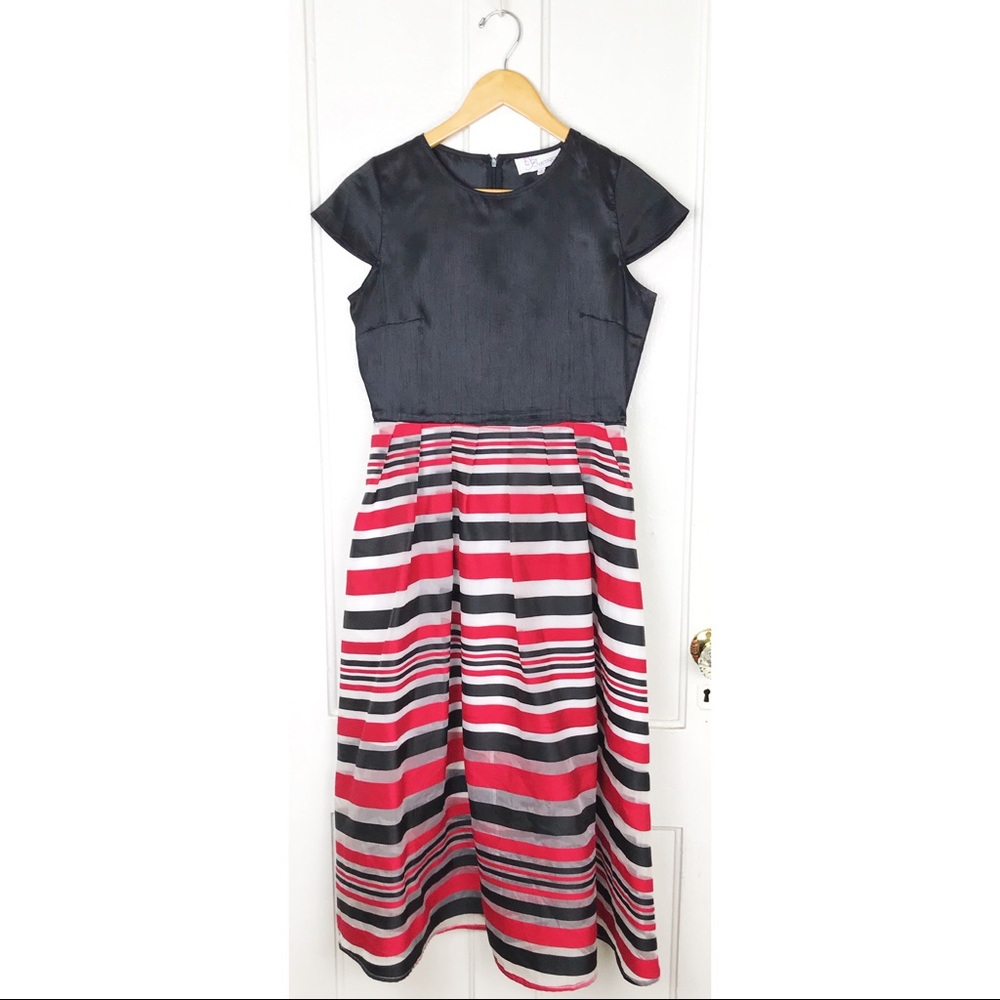 EY Boutique : size M : formal sheer striped short sleeve fit & flare midi-dress